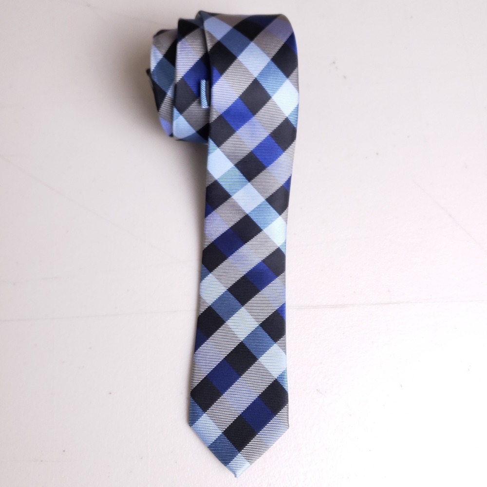 Express Mens Necktie Blue Black Silver Gingham Silk Career Business
